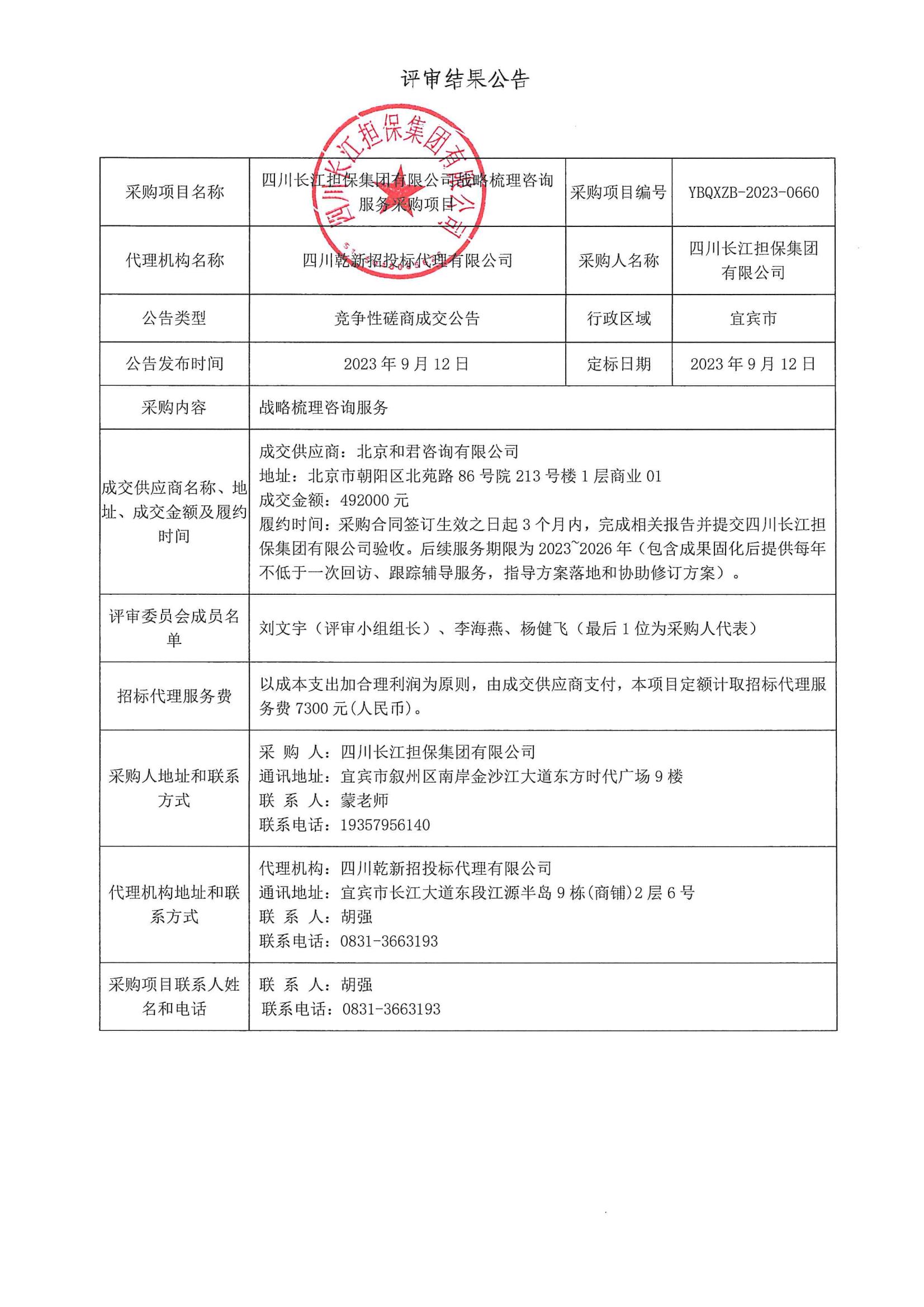 四川长江担保集团有限公司战略梳理咨询服务采购项目竞争性磋商结果公告(图1)
